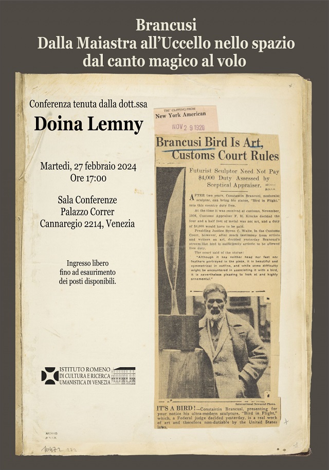 “Brâncuși. Dalla Maiastra all’Uccello nello spazio, dal canto magico al volo”, conferenza a Venezia