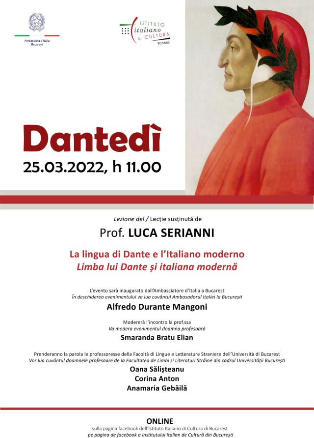 “La lingua di Dante e l’Italiano moderno”, lezione virtuale del prof. Luca Serianni all’IIC Bucarest