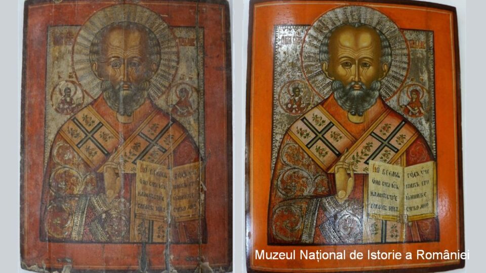 Icoana Sf. Nicolae (sec.XVII) înainte și după restaurare / Sursa: Muzeul Național de Istorie a României