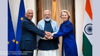 Acord UE-India (În foto, de la stânga: António Costa, Narendra Modi şi Ursula von der Leyen)