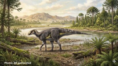 Dinozaur cu cioc de raţă (foto generată IA)